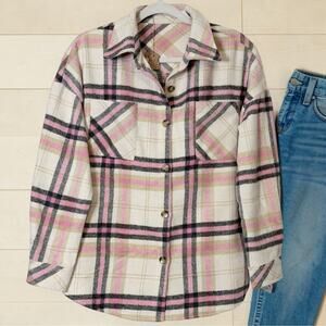 Pink Plaid Flannel Shirt Shacket Western Boyfriend Top Boho Grunge Size S NWT